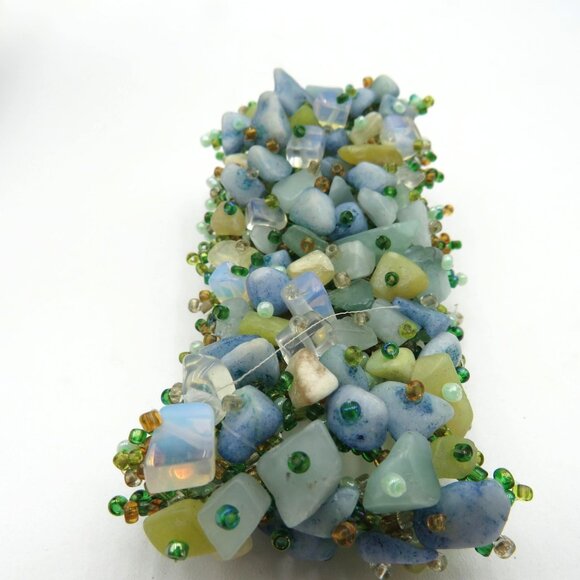 Beaded Stone Chip Wide Cuff Bracelet Green Blue Boho Chunky Statement - Picture 6 of 8